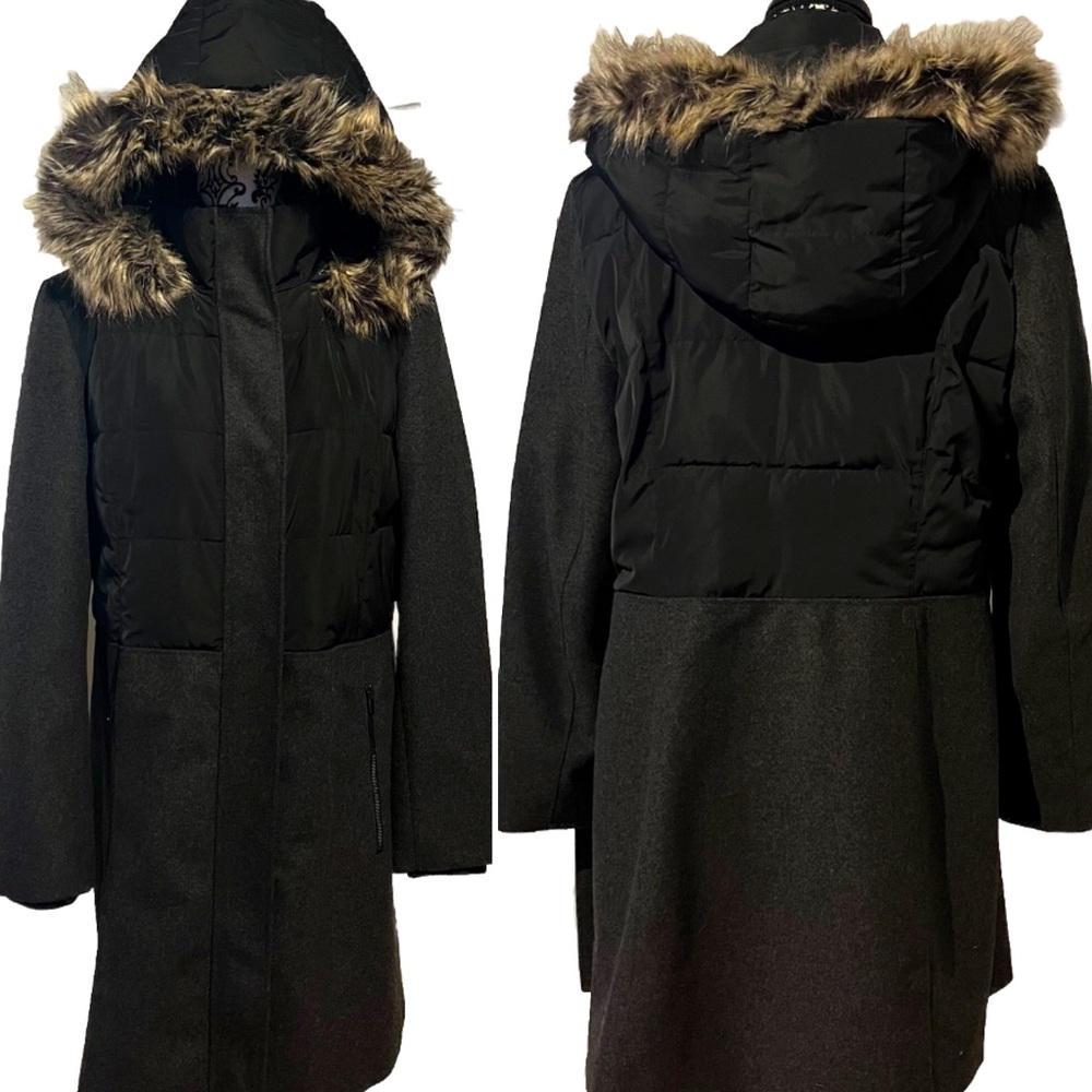 SOLD Lands End Wool Denali Like Long Coat Faux Fur Detachable Hood Gray Black